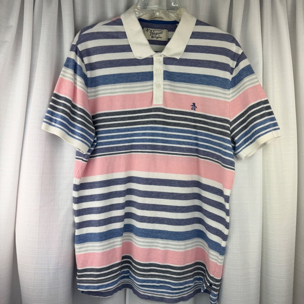 Original Penguin Mens Heritage Slim Fit Striped Polo Shirt Large Blue Pink L